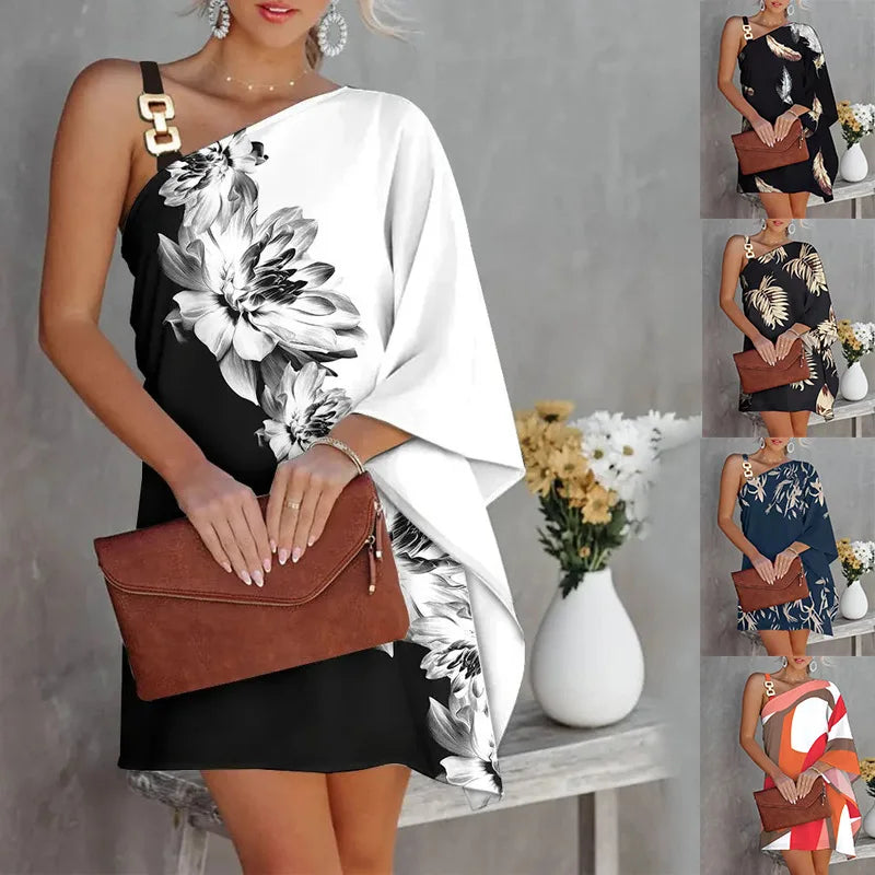 Women's One-Shoulder Floral Mini Dress | Elegant Asymmetrical Summer Dress Bazaare Mart Asymmetric Shoulder Mini Dress