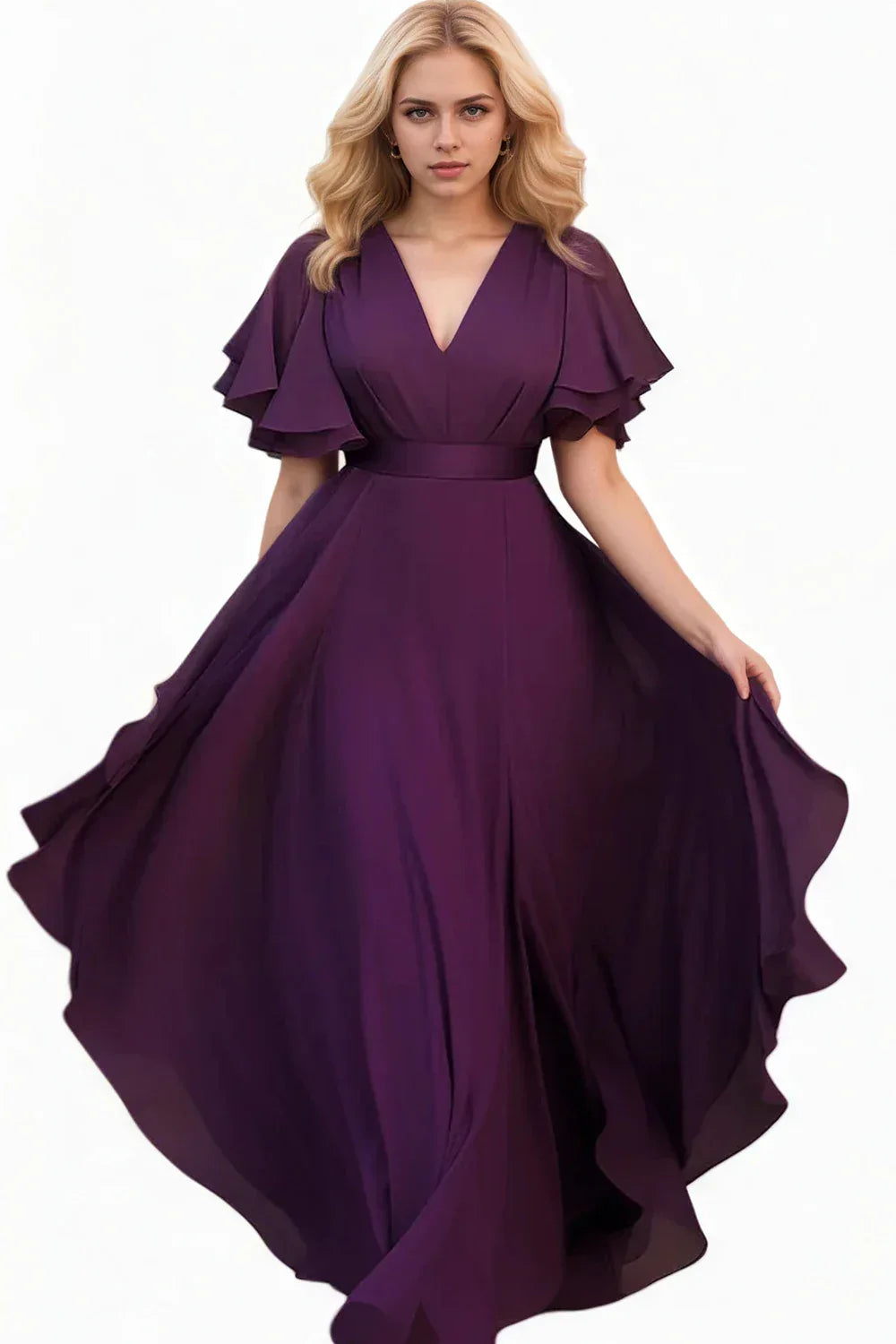 Purple Chiffon Ruffle Half Sleeve V-Neck Evening Dress Bazaare Mart Purple Ruffle Half Sleeve V-Neck Evening Dress