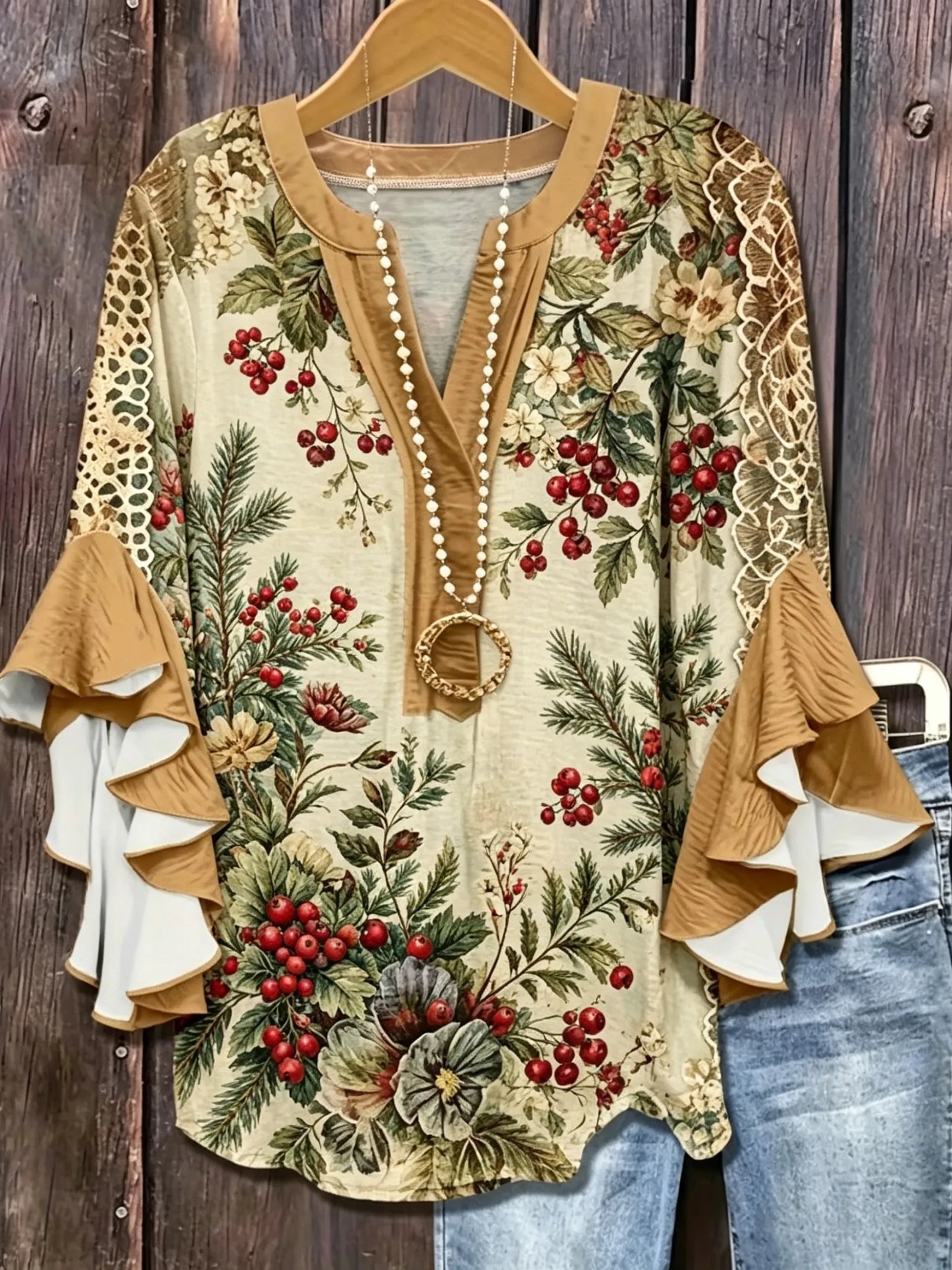 Women's Vintage Floral Lace Ruffle Sleeve Blouse | Elegant V-Neck Top HCHLF20261316N Bazaare Mart Ruffle Sleeve Blouse