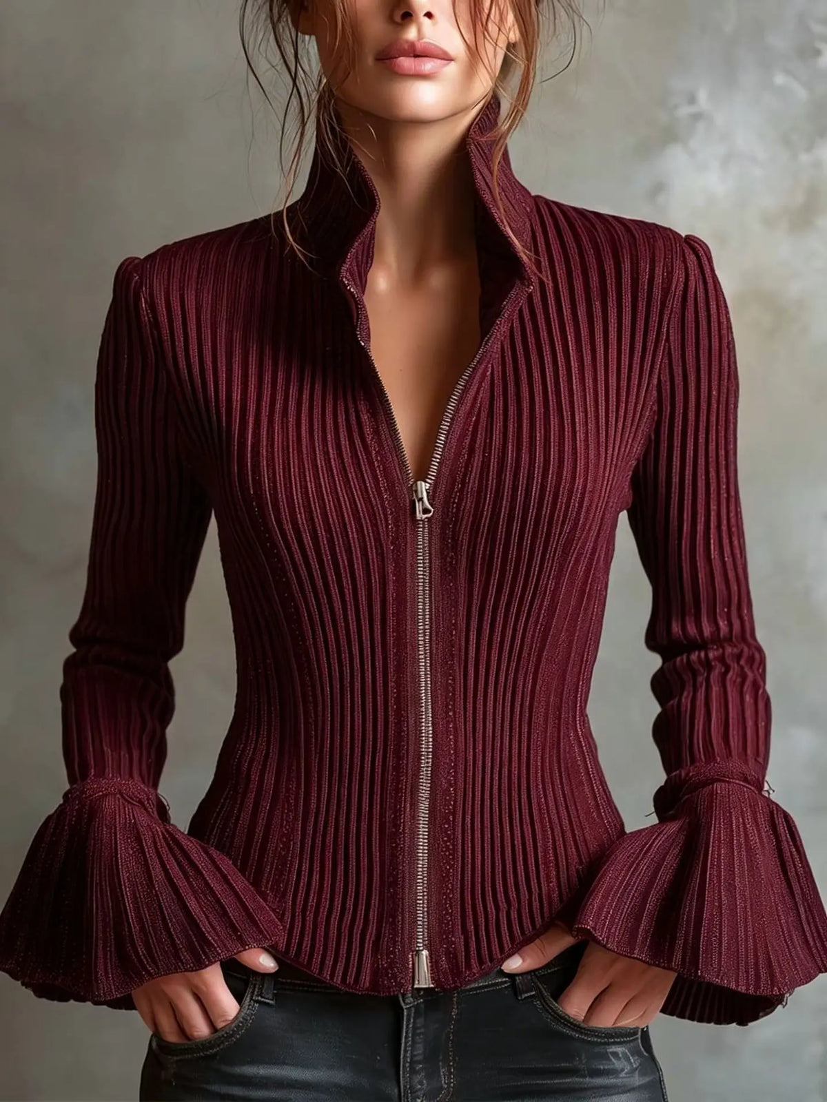 Elegant Ribbed Zip-Up Knit Cardigan Sweater