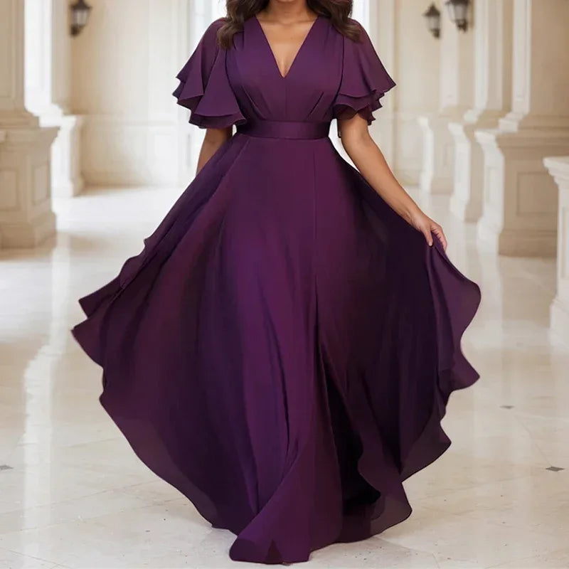 Purple Chiffon Ruffle Half Sleeve V-Neck Evening Dress Bazaare Mart Purple Ruffle Half Sleeve V-Neck Evening Dress