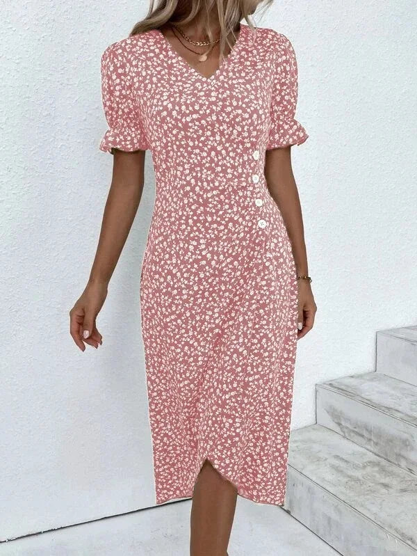Elegant Printed Puff Sleeve V-neck Wrap Dress