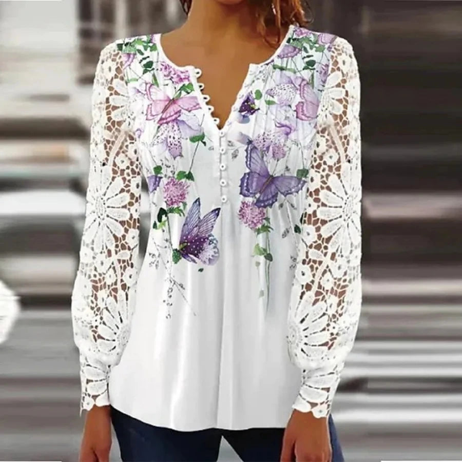 Women's Floral Print Blouse with Lace Sleeves – Elegant Casual Button Front Shirt, Sizes S-5X Purple Bazaare Mart Lace Blouse