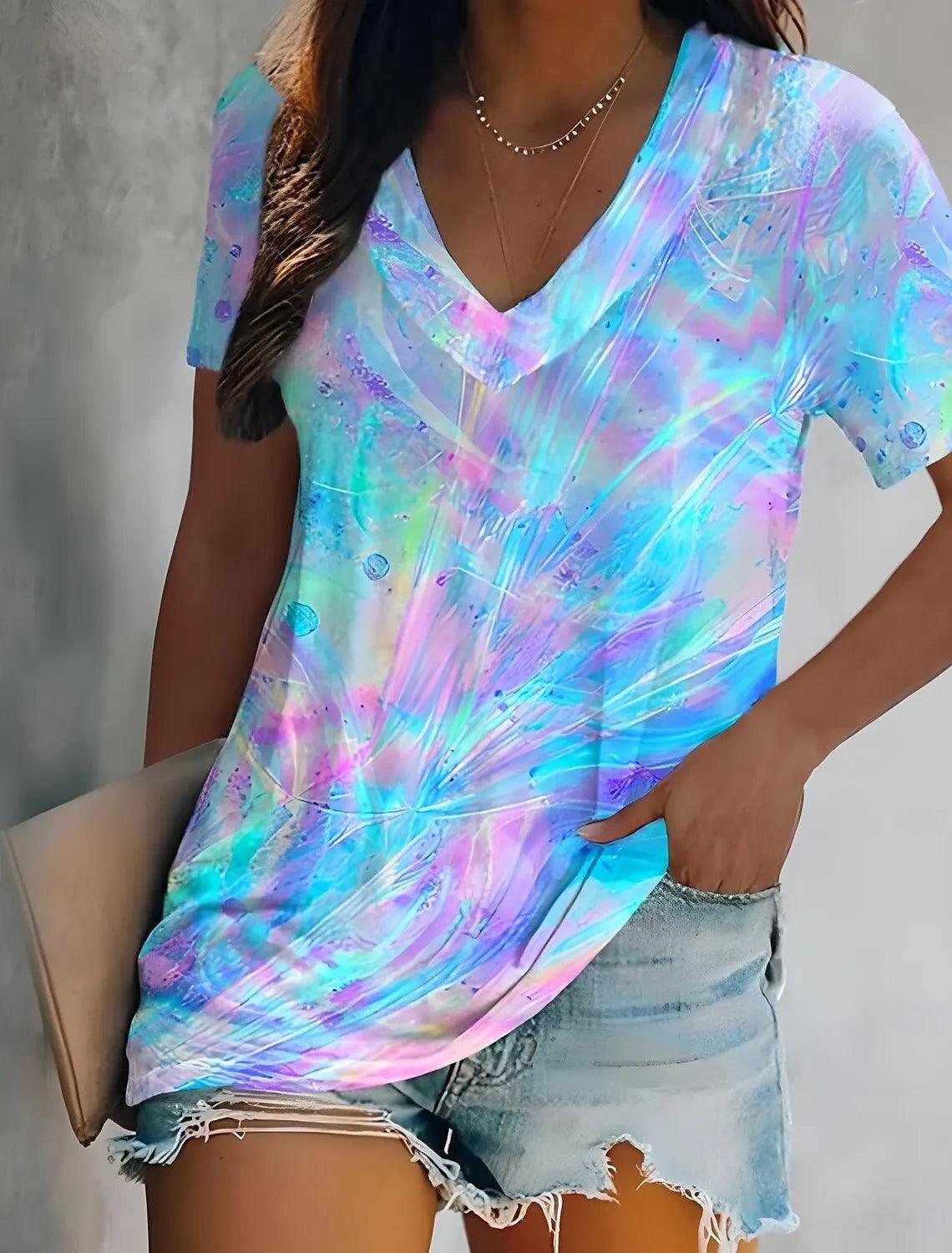 Tie Dye Casual Short Sleeve V-Neck Tops VAZHD20251813J Bazaare Mart Colorful Top