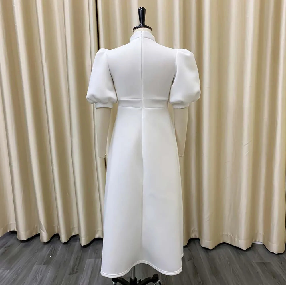 Elegant Solid Color Bow Short Puff Sleeve Full Skirt Midi Dress
