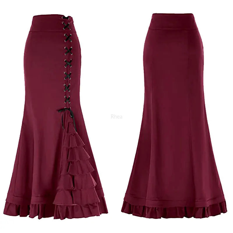 Vintage Steampunk Mermaid Maxi Skirt Red Bazaare Mart Gothic Vintage Victorian Steampunk Lace-Up Maxi Skirt