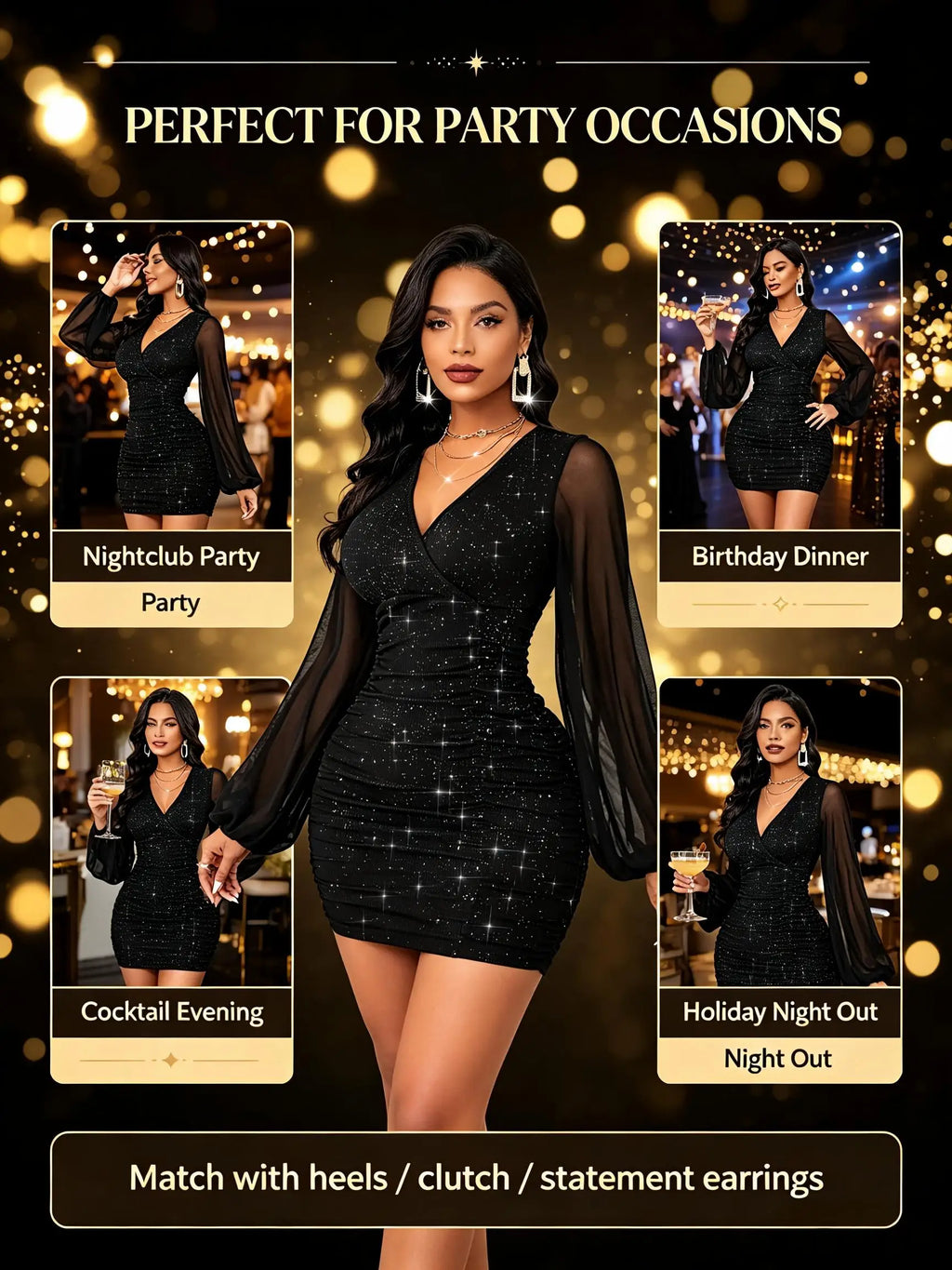 Women's Black Sequin Mini Dress with Sheer Mesh Sleeves – Ruched Bodycon Party Dress