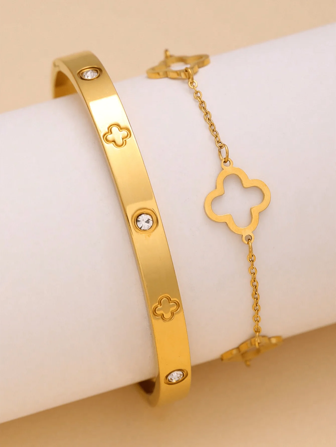 Stainless Steel Four Leaf Bracelet Set