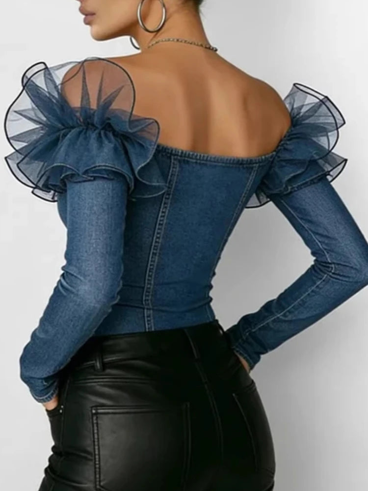 Vintage Off-Shoulder Denim Ruffle Blouse