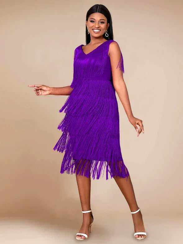Retro Sleeveless Midi Tassel Dresses Purple Bazaare Mart Midi Tassel Dress