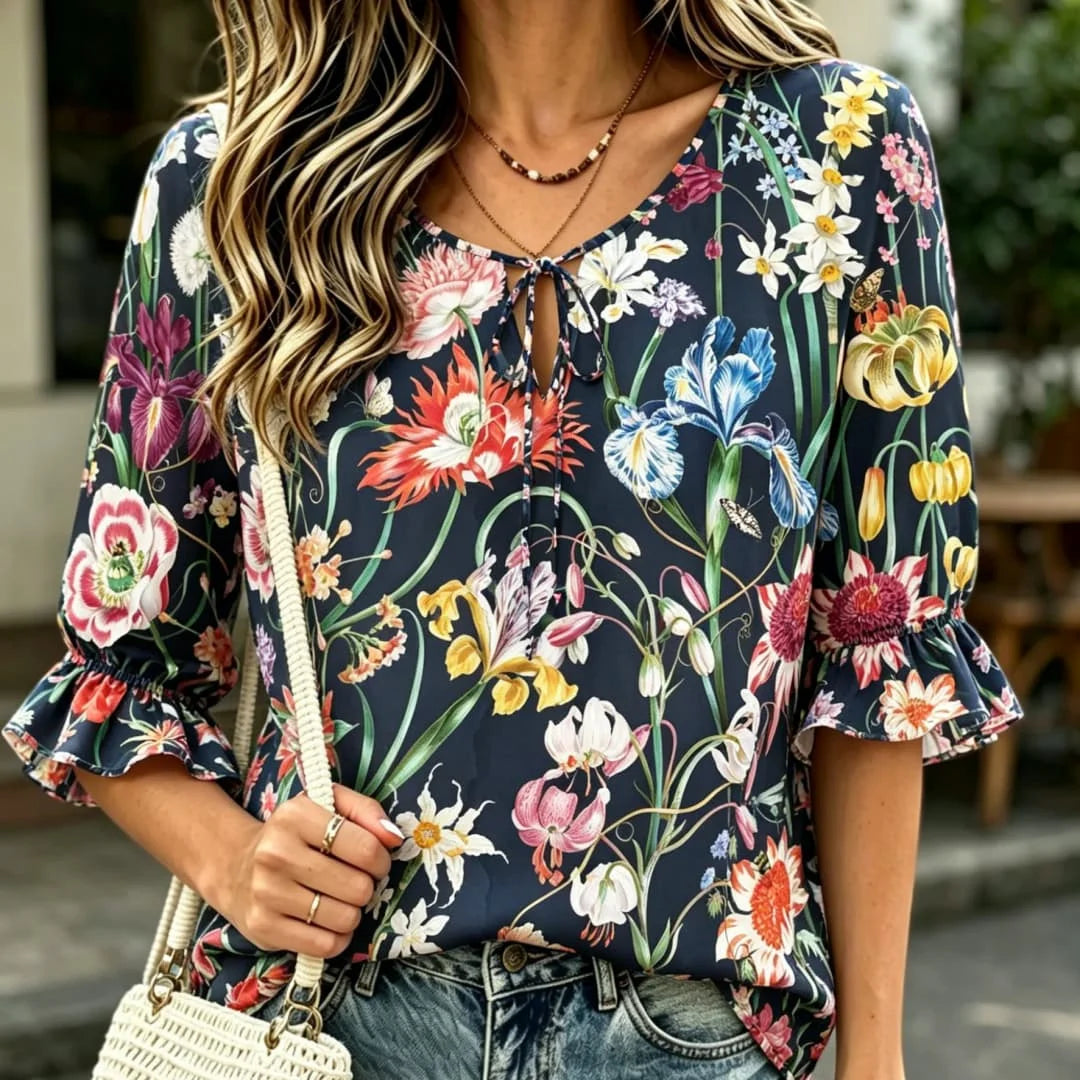 Women's Vibrant Floral Print Ruffle Sleeve Blouse – Tie Neck Boho Top for Spring & Summer Bazaare Mart Floral Blouse
