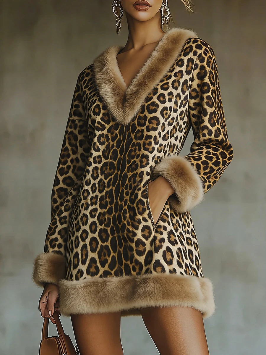 Leopard Print Mini Dress – V-Neck with Faux Fur Trim