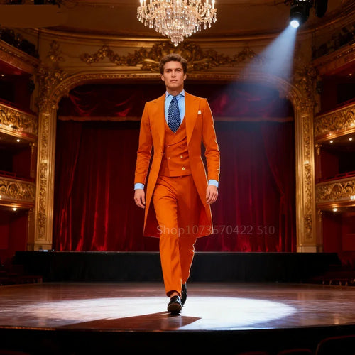 3Pc Long Formal Men's Suit Orange Bazaare Mart 3pc. Long Coat Suit