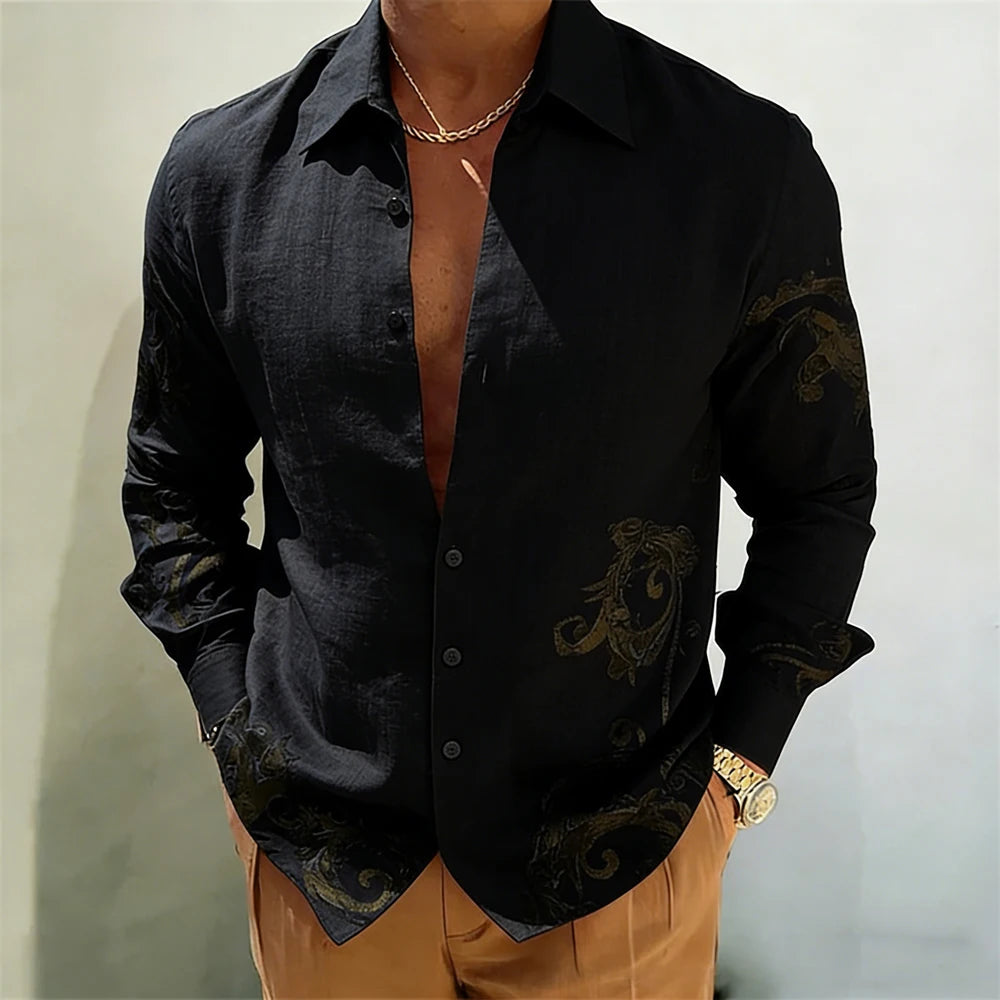 Men's Gold Baroque Print Button-Up Shirt – Long Sleeve Statement Shirt