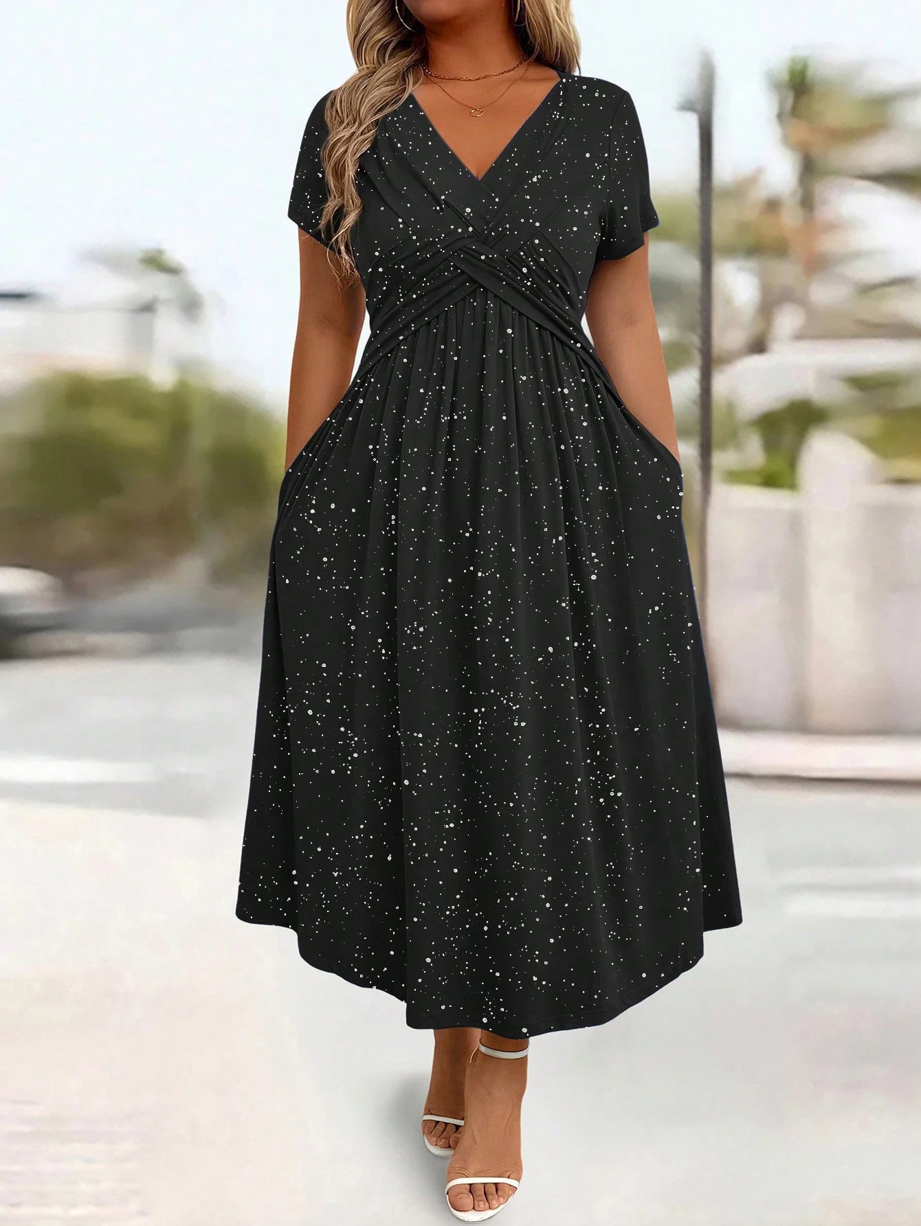 Ladies' elegant plus size powder sprinkled shiny twisted knot with pockets V-neck dress SHI4027 3 Bazaare Mart