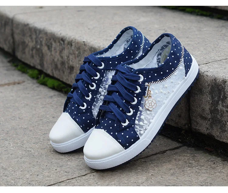 Unique Hollow Mesh Polka Dot Denim Sneakers
