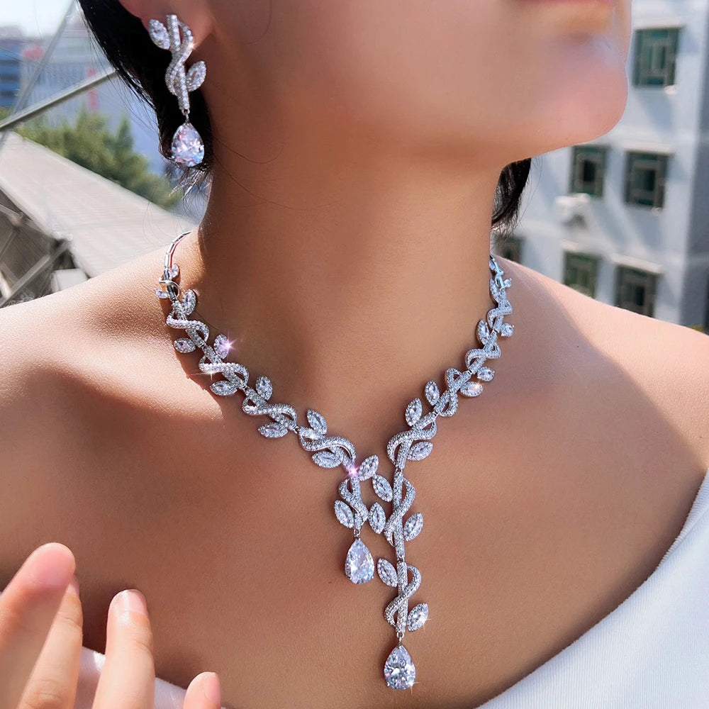 Water Drop Zirconia Leaf Bridal Jewelry Set Bazaare Mart Water Drop Zirconia Leaf Bridal Jewelry Set