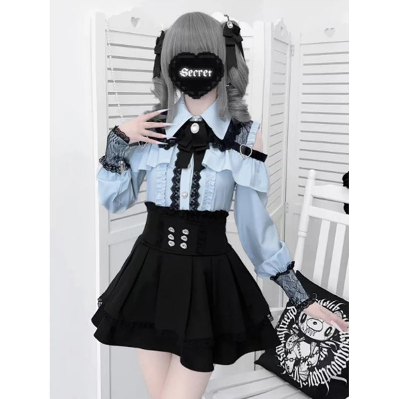 Jirai kei Shirt JK Skirt Japanese Style Lolita Y2K Sweet School Uniform Blouse Top Dress Darkness Outfit Women Girls Theme Party Sky Blue Set Bazaare Mart