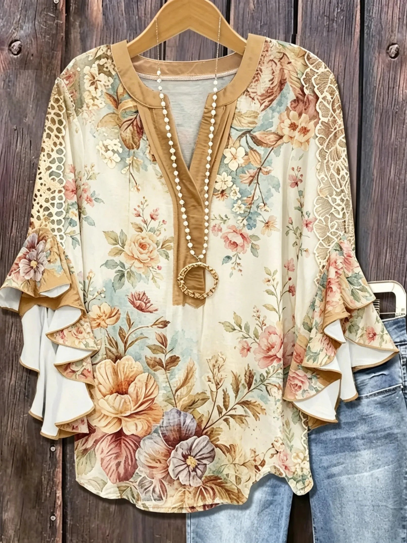 Women's Vintage Floral Lace Ruffle Sleeve Blouse | Elegant V-Neck Top HCHLF20261316G Bazaare Mart Ruffle Sleeve Blouse