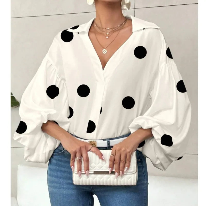 Boho Women's Blouses Spring Fall New Fashion French Polka Dot Half-neck Design Loose Puff Long-sleeve Top Casual Shirts Women Bazaare Mart