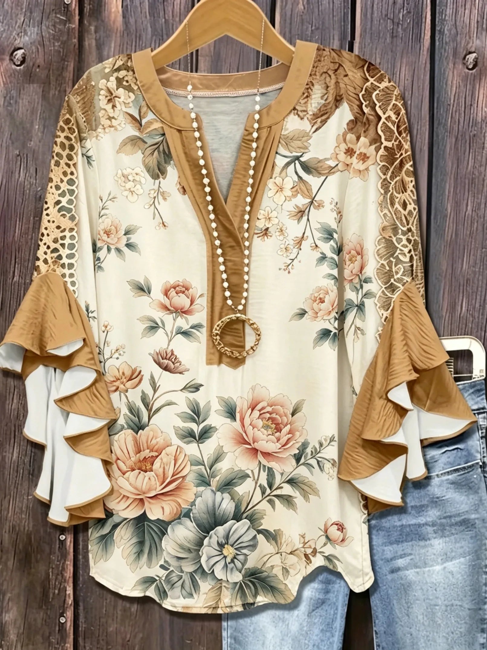 Women's Vintage Floral Lace Ruffle Sleeve Blouse | Elegant V-Neck Top HCHLF20261316H Bazaare Mart Ruffle Sleeve Blouse