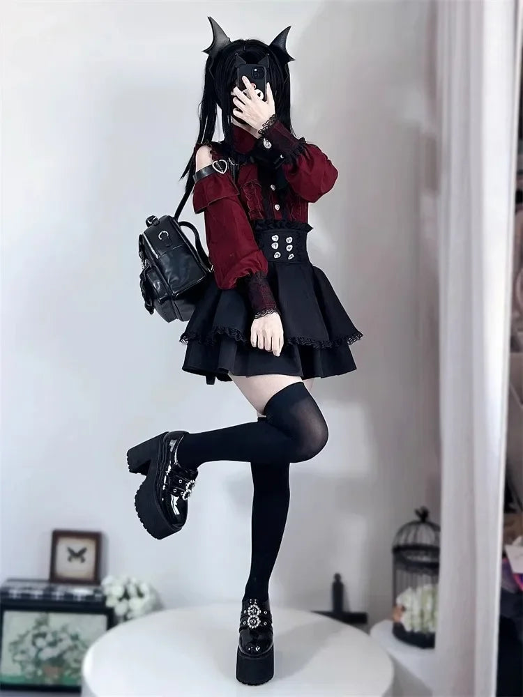 Dark Sweet Heart Ground Type Lolita Set, Ruffle Sleeve Top & A-line Skirt, Cute Kawaii Japanese Style Gothic Coord Outfit S-XL Bazaare Mart