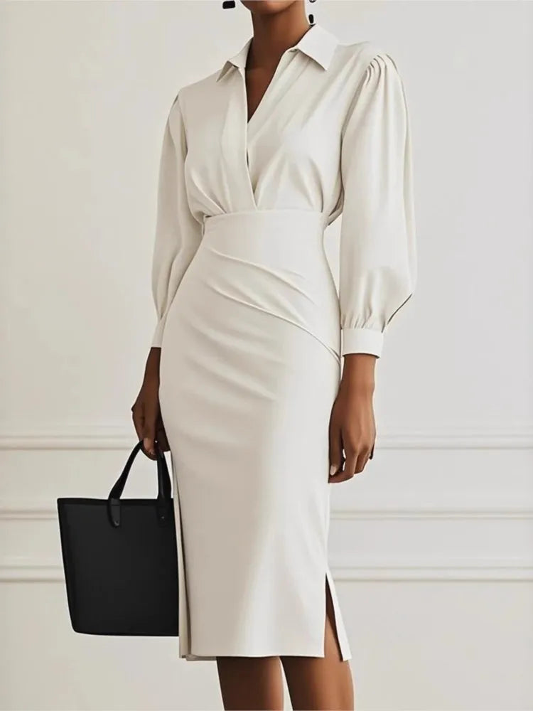 Fashionable Collared V-neck Solid Color Long-sleeved Bodycon Midi Dress
