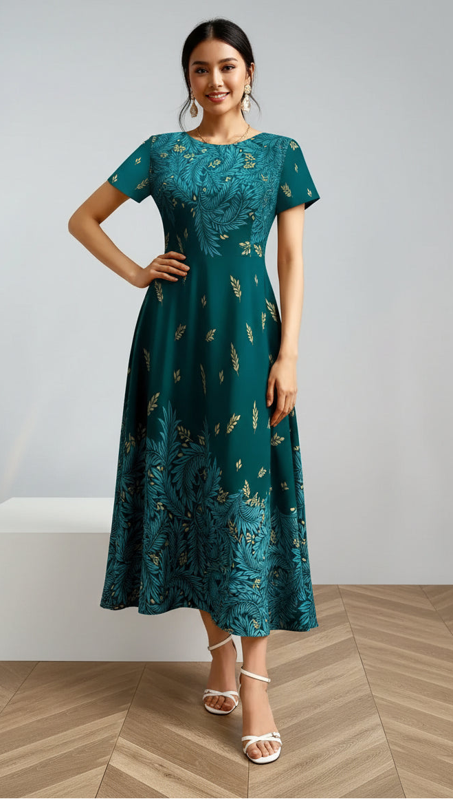 Woman wearing a teal dress with gold leaf pattern on a wooden floor.