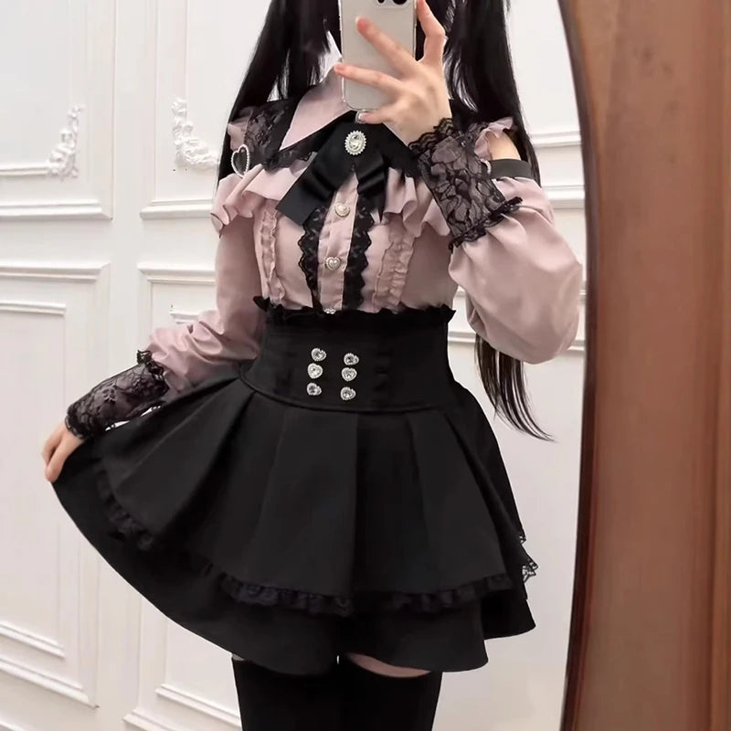 Jirai kei Shirt JK Skirt Japanese Style Lolita Y2K Sweet School Uniform Blouse Top Dress Darkness Outfit Women Girls Theme Party Bazaare Mart