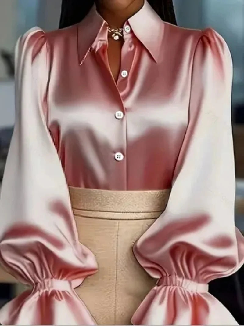 Fancy Satin Ruffled Cuff Long Puffed Sleeves Pink Bazaare Mart Long Sleeve Button Up Blouse