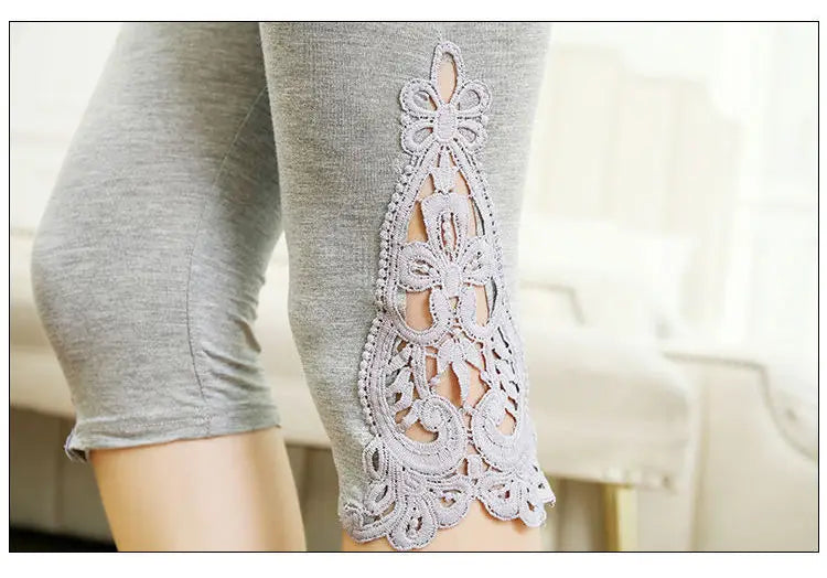 Women's Lace Trim Capri Leggings – High Waist Stretch 3/4 Length Cropped Leggings Bazaare Mart Capris Leggings