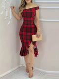 Womens Off Shoulder Floral Print Bodycon Midi Dress Ruffle Hem Slit Party Cocktail Dress Red Bazaare Mart