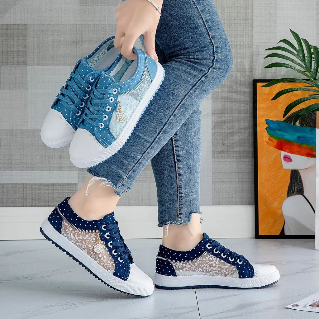 Unique Hollow Mesh Polka Dot Denim Sneakers