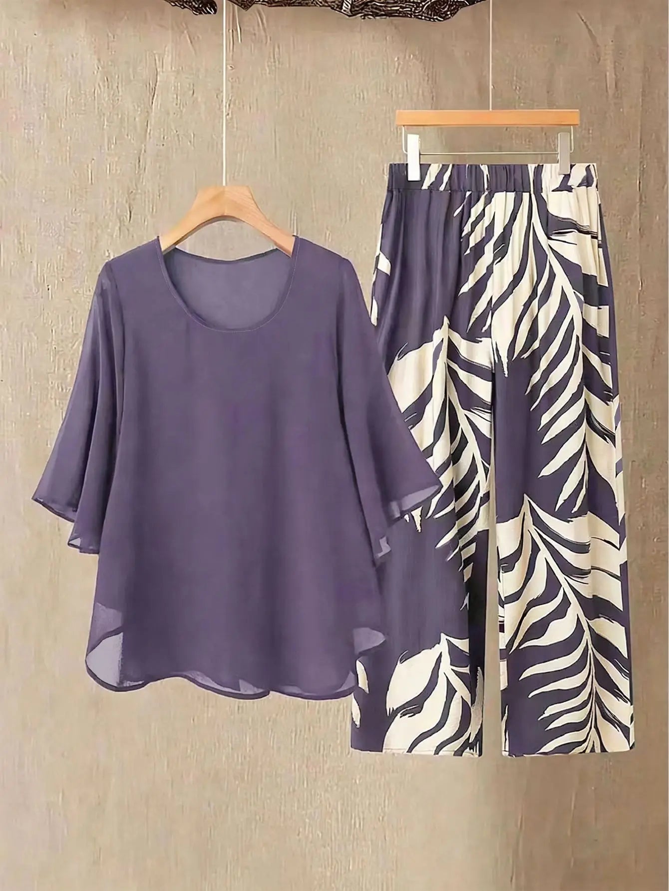 Women's Chiffon Overlay Top & Tropical Leaf Print Wide Leg Pants 2 Piece Set | Elegant Summer Resort Outfit Bazaare Mart 2 pc. Pants Outfit