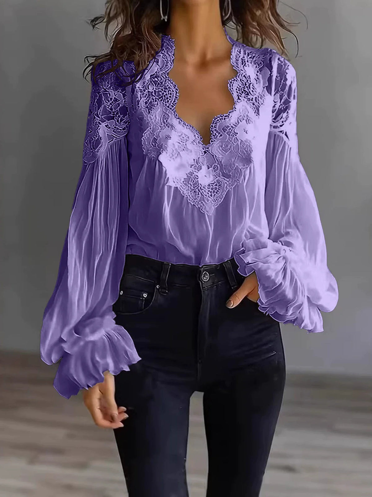 Lace-Trim V-Neck Chiffon Blouse with Long Puff Sleeves