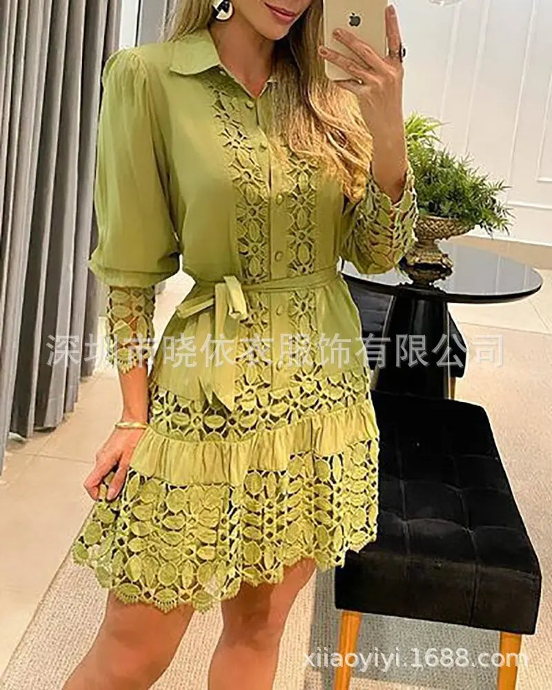 Spring Summer Lace Hollowed Out Patchwork Shirt Women's Dress Sexy Elegant Female 2 Piece Suit With Inner Strap Anti Slip Dress YELLOW Bazaare Mart