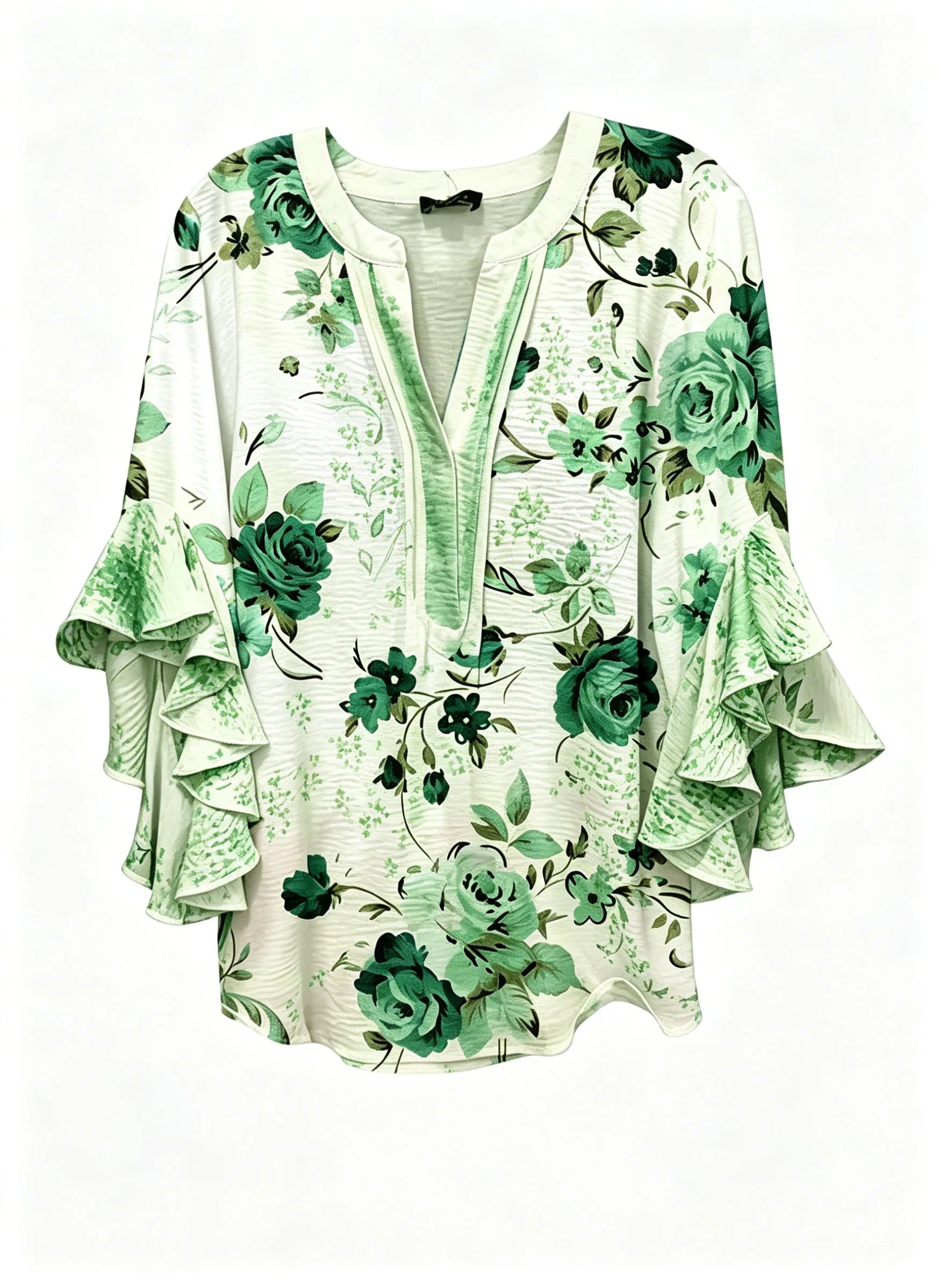 Women's Floral Ruffle Sleeve Blouse | Elegant V-Neck 3/4 Sleeve Top Green Bazaare Mart Ruffle Sleeve Blouse