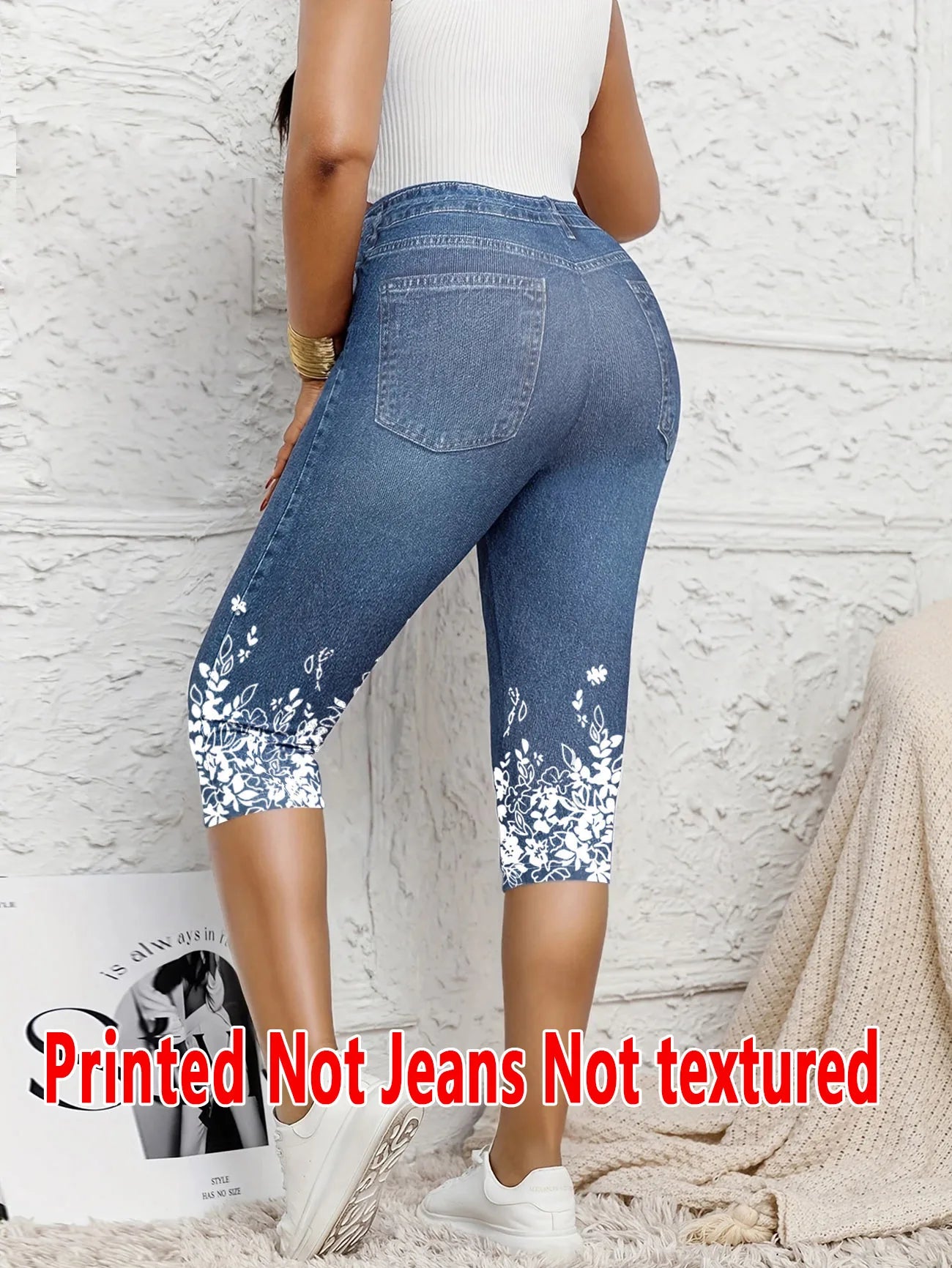 Women's Faux Denim Print Capri Leggings – High Waist Stretch Cropped Leggings with Floral Detail Bazaare Mart Capris Faux Denim Leggings