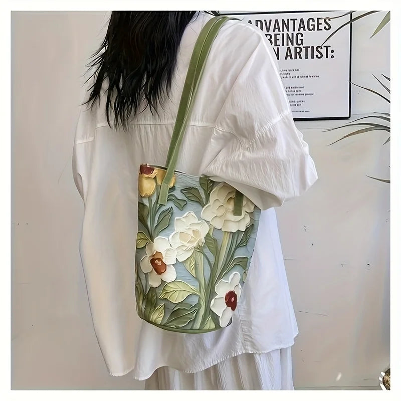 Women's Large Capacity Summer Floral Oxford Bucket Bag Casual Fashionable Shoulder Bag with Oil Painting Flower Design Handbag Bazaare Mart