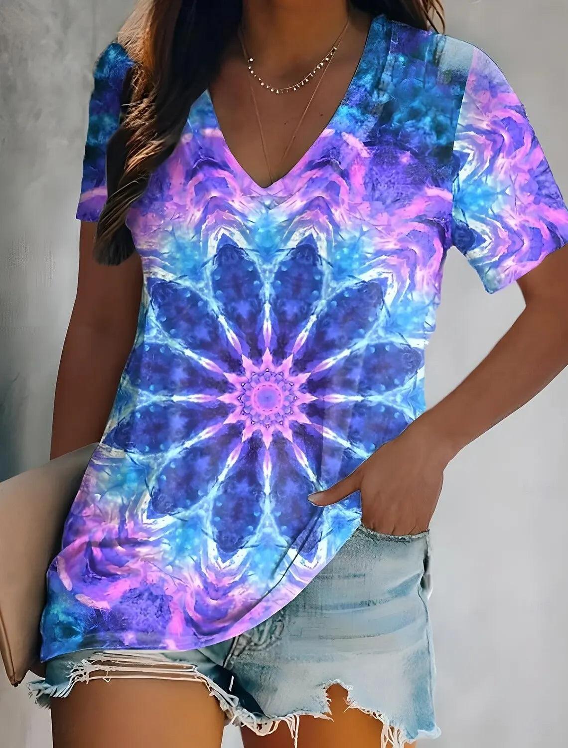 Tie Dye Casual Short Sleeve V-Neck Tops VAZHD20251813G Bazaare Mart Colorful Top