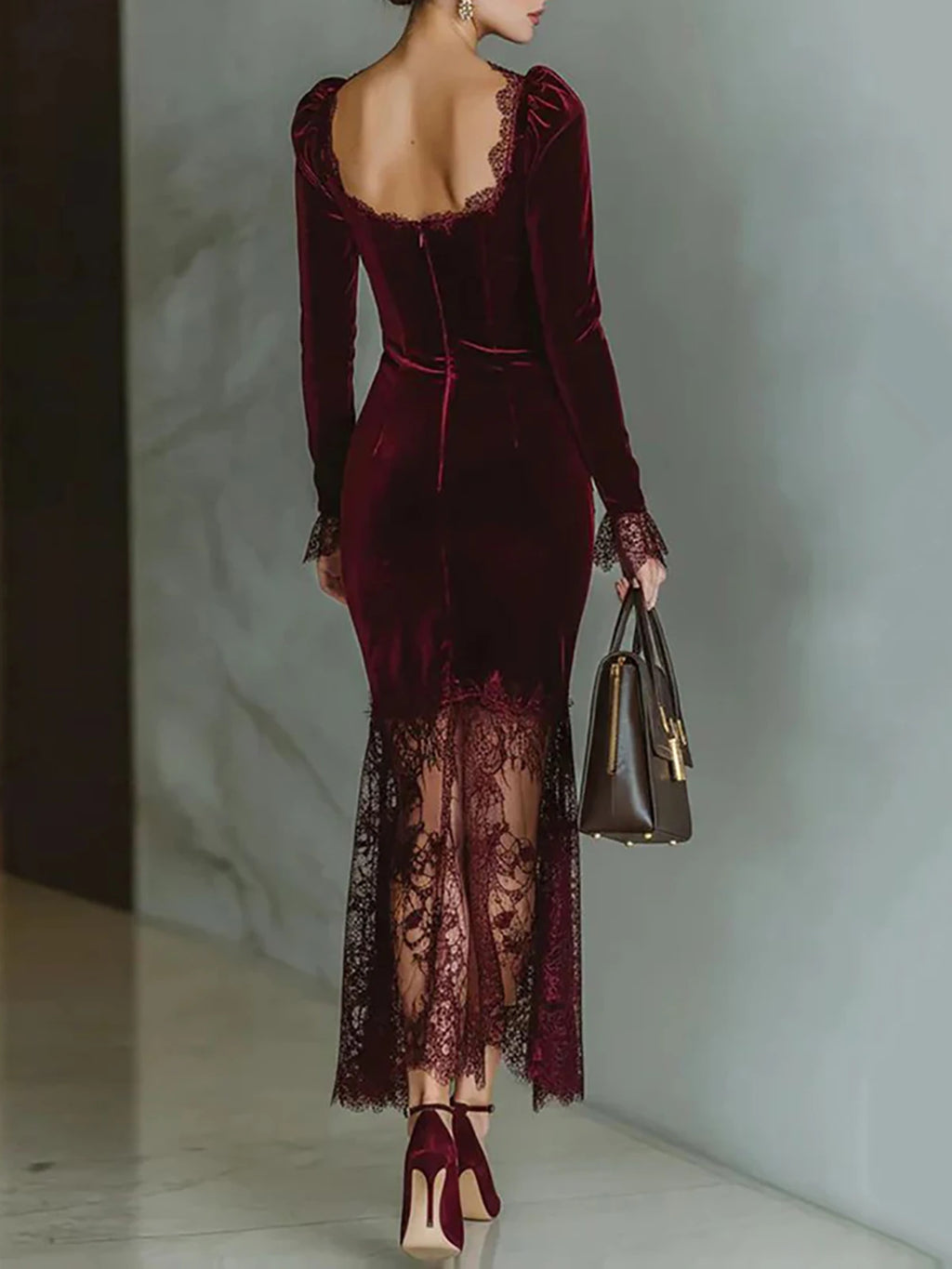 Claret Velvet-Look Midi Dress with Sheer Lace Hem