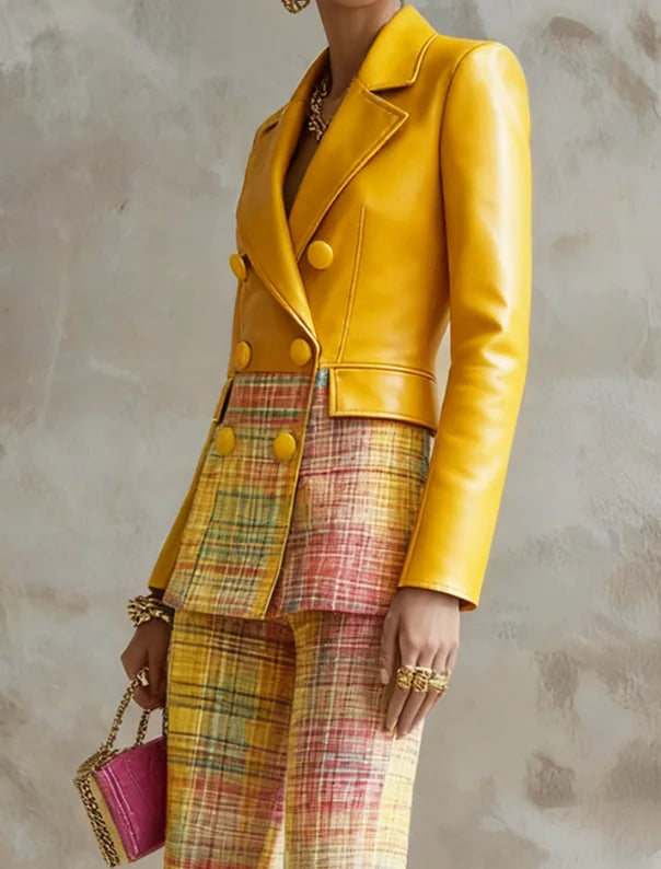 PU Leather Blazer & Plaid Flare Pants Set