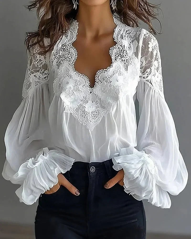 Lace-Trim V-Neck Chiffon Blouse with Long Puff Sleeves