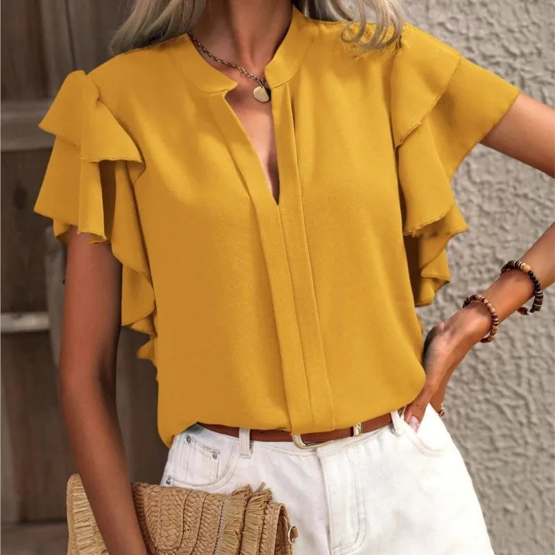 V-neck Ruffle Sleeve Solid Color Blouse