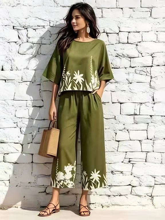 Floral Two-Piece Set with Wide-Leg Pants