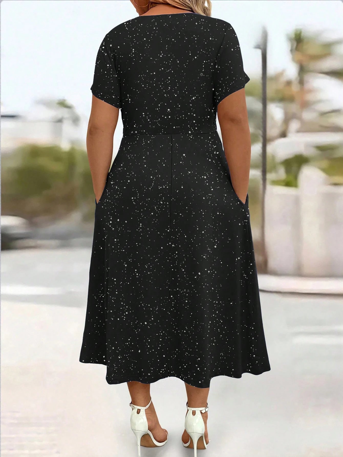 Powder Sprinkled Twisted Knot with Pockets V-neck Dress Bazaare Mart Plus Size Short Sleeve Midi Dress