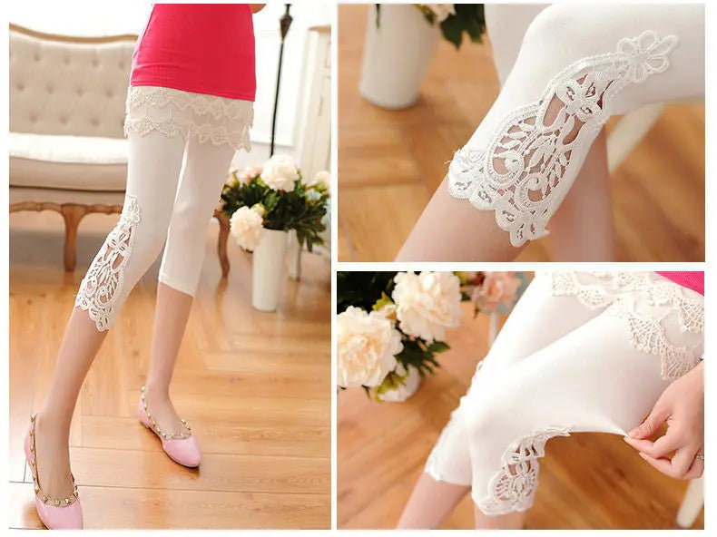 Women's Lace Trim Capri Leggings – High Waist Stretch 3/4 Length Cropped Leggings Bazaare Mart Capris Leggings