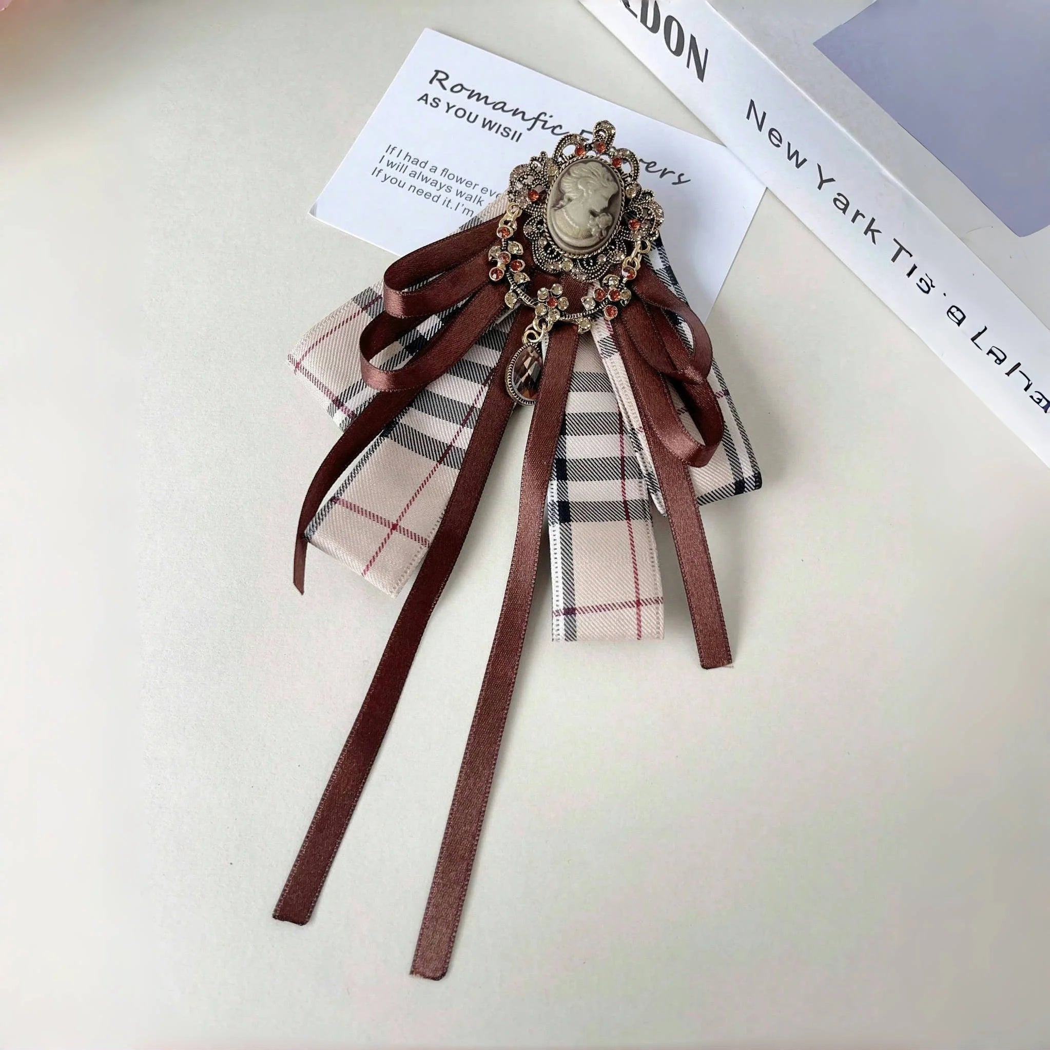 Women's Vintage Plaid Cameo Bow Tie Bazaare Mart Lady's Bowtie