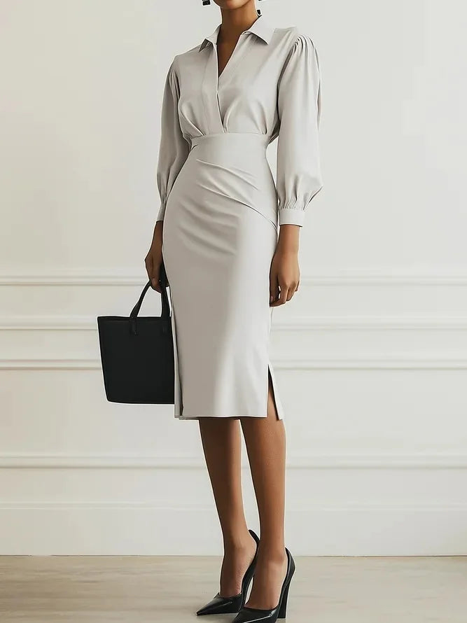 Fashionable Collared V-neck Solid Color Long-sleeved Bodycon Midi Dress