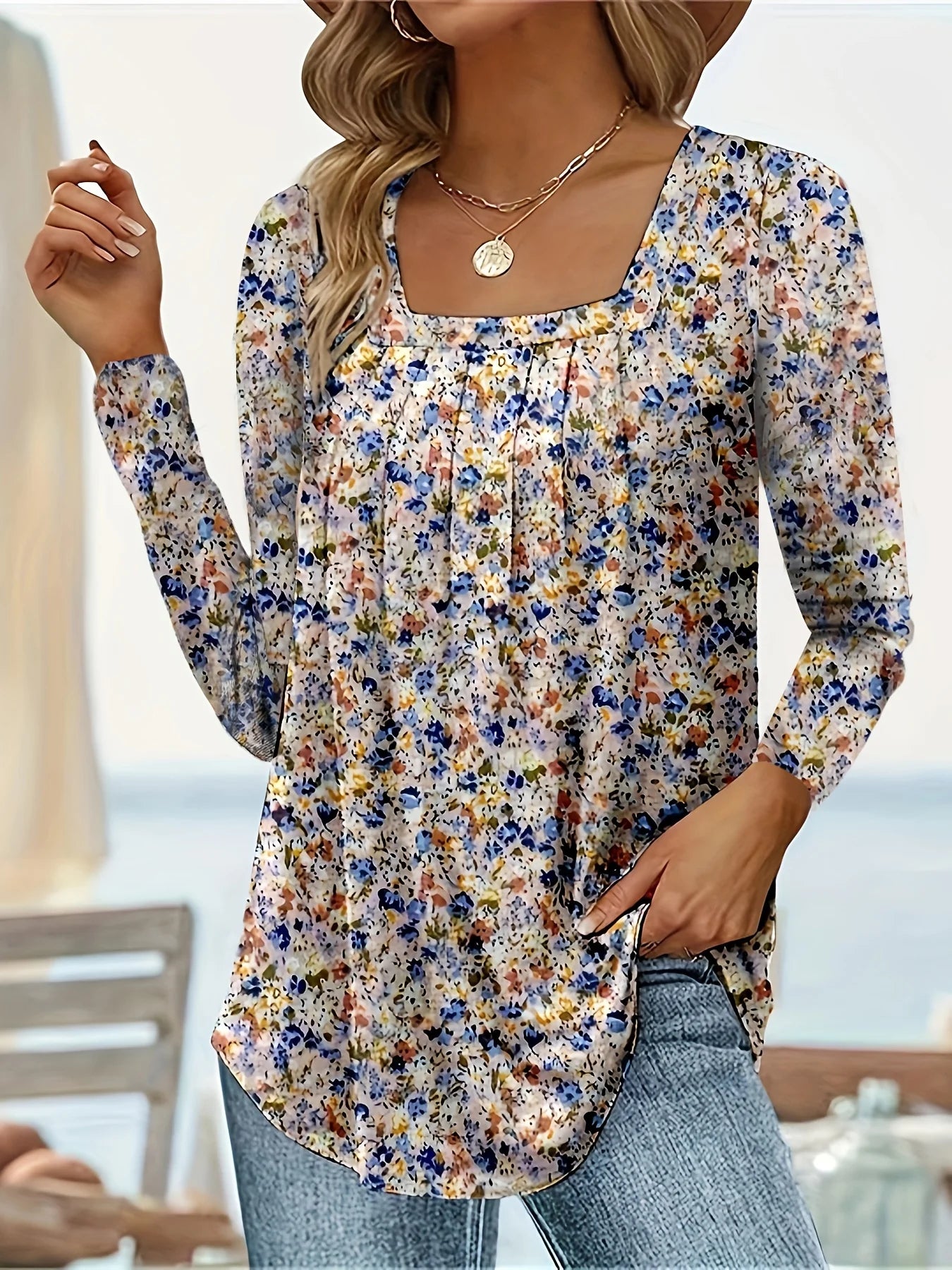 Women's Square Neck Printed Long Sleeve Blouses